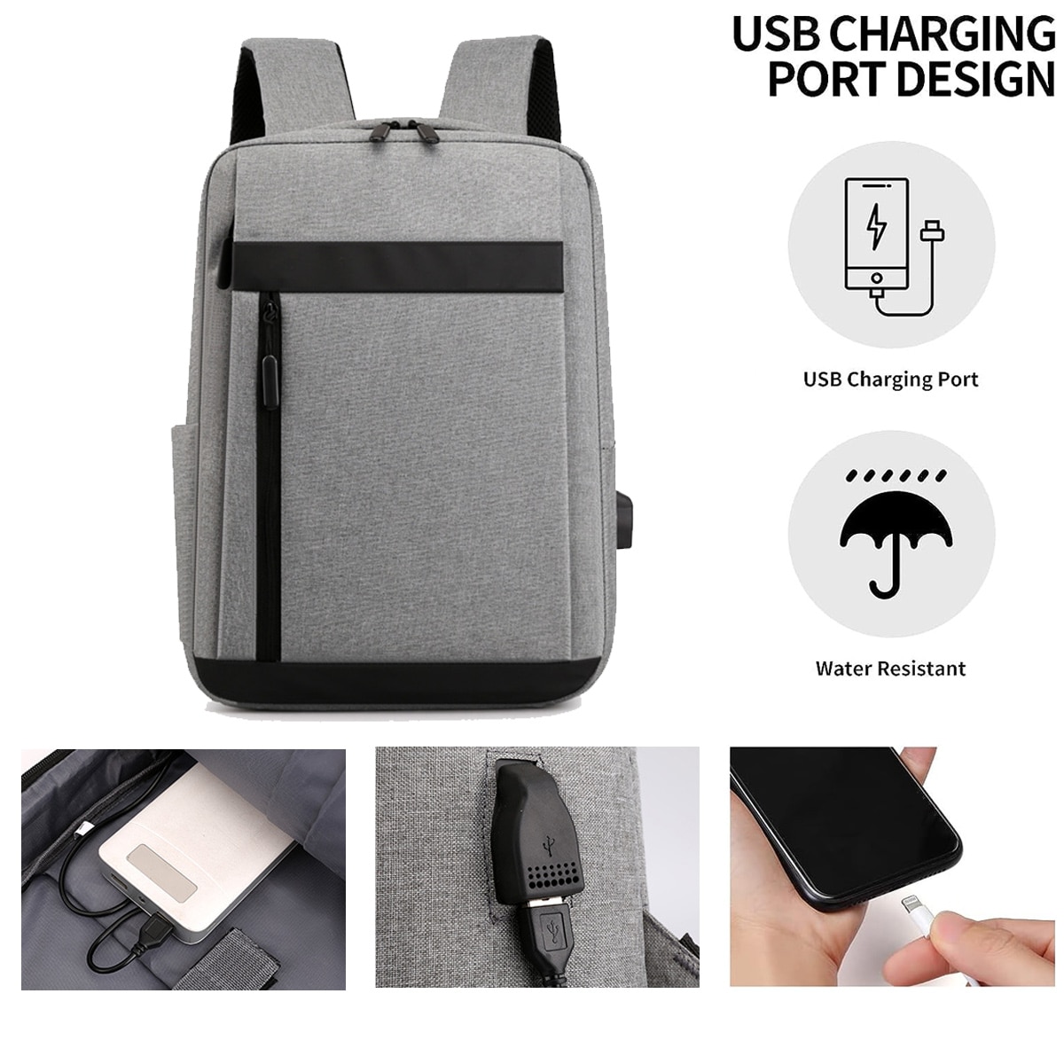 Ghiozdan laptop, AMRINUGL, 15.6 inch, 40x30x11cm, cu port USB, capacitate mare, gri/negru