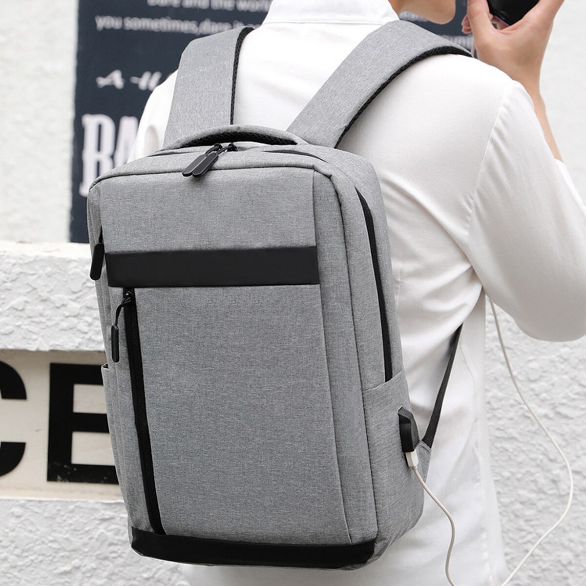 Ghiozdan laptop, AMRINUGL, 15.6 inch, 40x30x11cm, cu port USB, capacitate mare, gri/negru