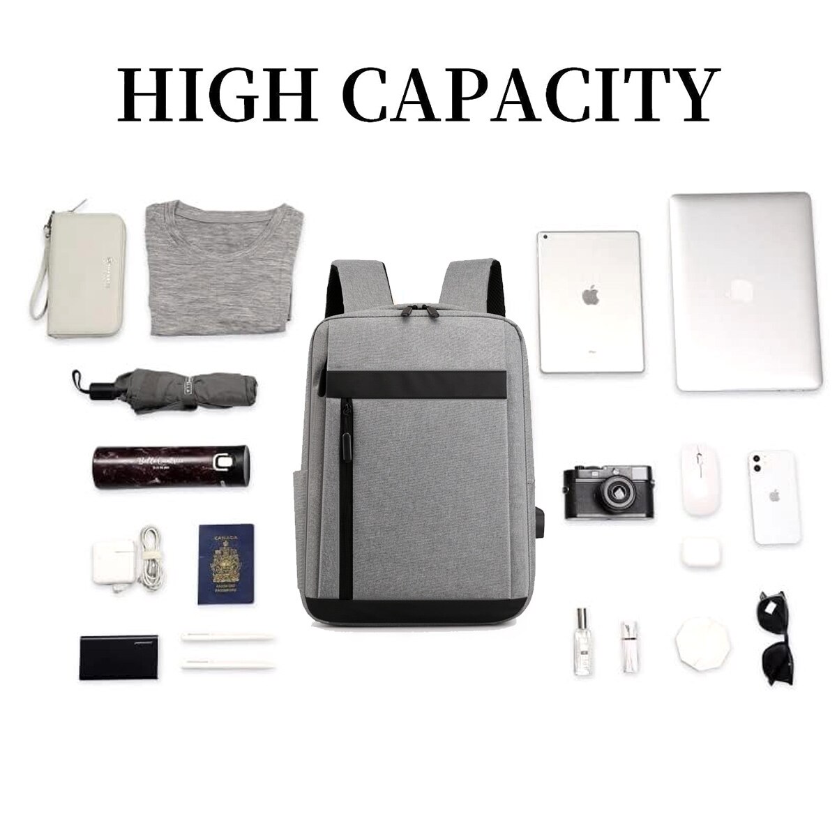 Ghiozdan laptop, AMRINUGL, 15.6 inch, 40x30x11cm, cu port USB, capacitate mare, gri/negru