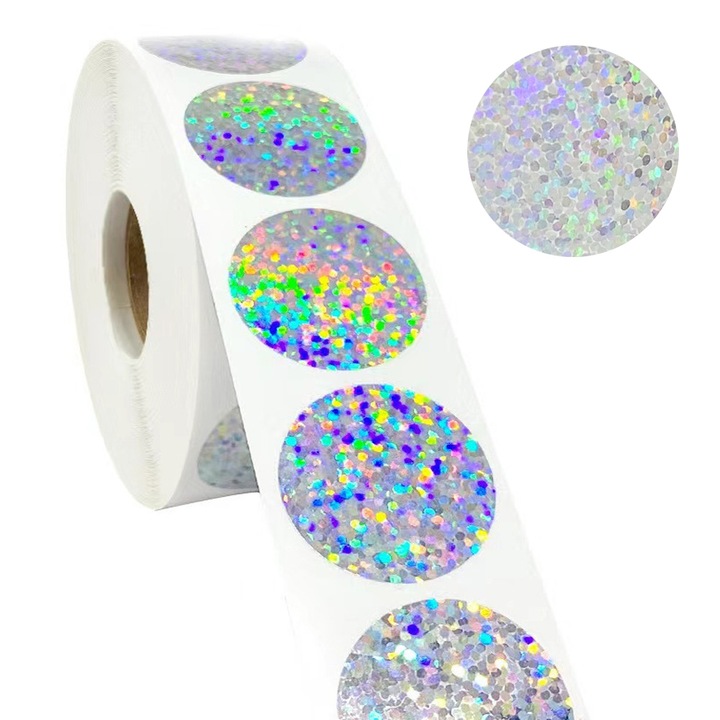 Autocolante decorative pe rola ZYBLSSBB LSM2XH-BST3014091-1, rotunde glitter holografic, argintiu holografic, 500 buc.