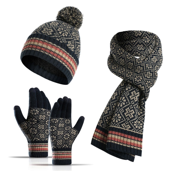 Set 3-in-1 caciula, manusi cu ecran tactil si fular, AMRINUGL, albastru tibetan, bej, rosu brodat, dimensiune unica