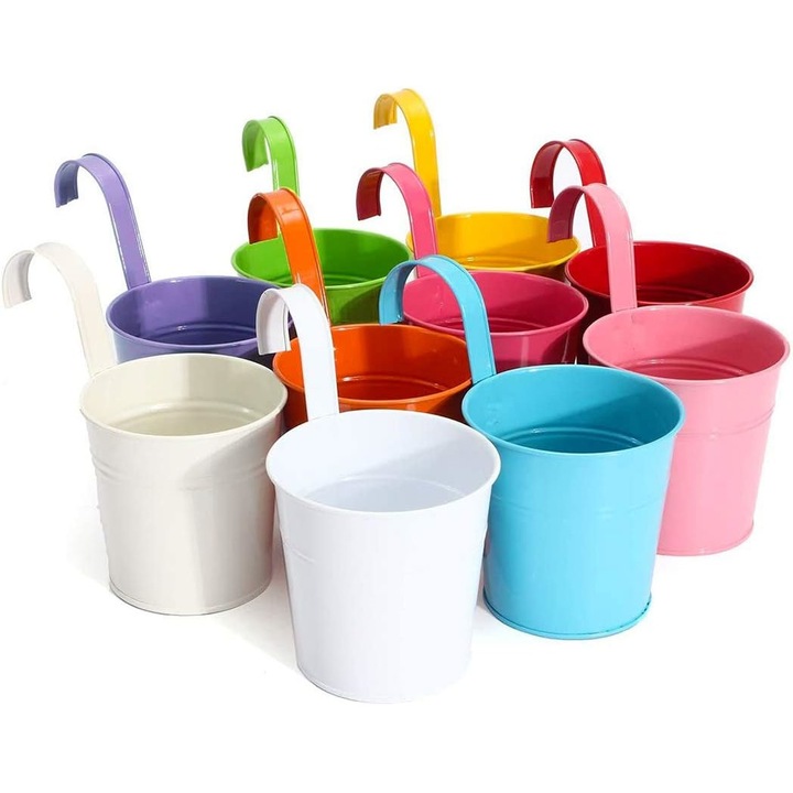Set 10 ghivece cu carlig pentru flori, Fier, 8x10x15.5cm, Multicolor