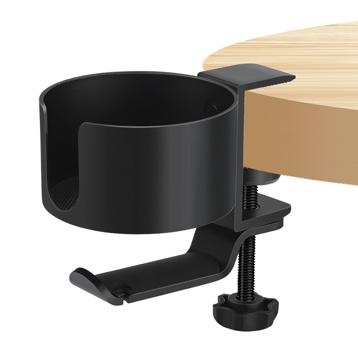 Suport 2-in-1 pentru casti si pahare, rotire 360, prindere de masa, negru, 8.5x5cm