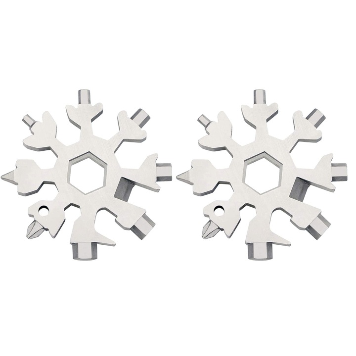 2 db többfunkciós csavarhúzó készlet hópehely formájú, rozsdamentes acél, ezüst, 6,6x6,6 cm