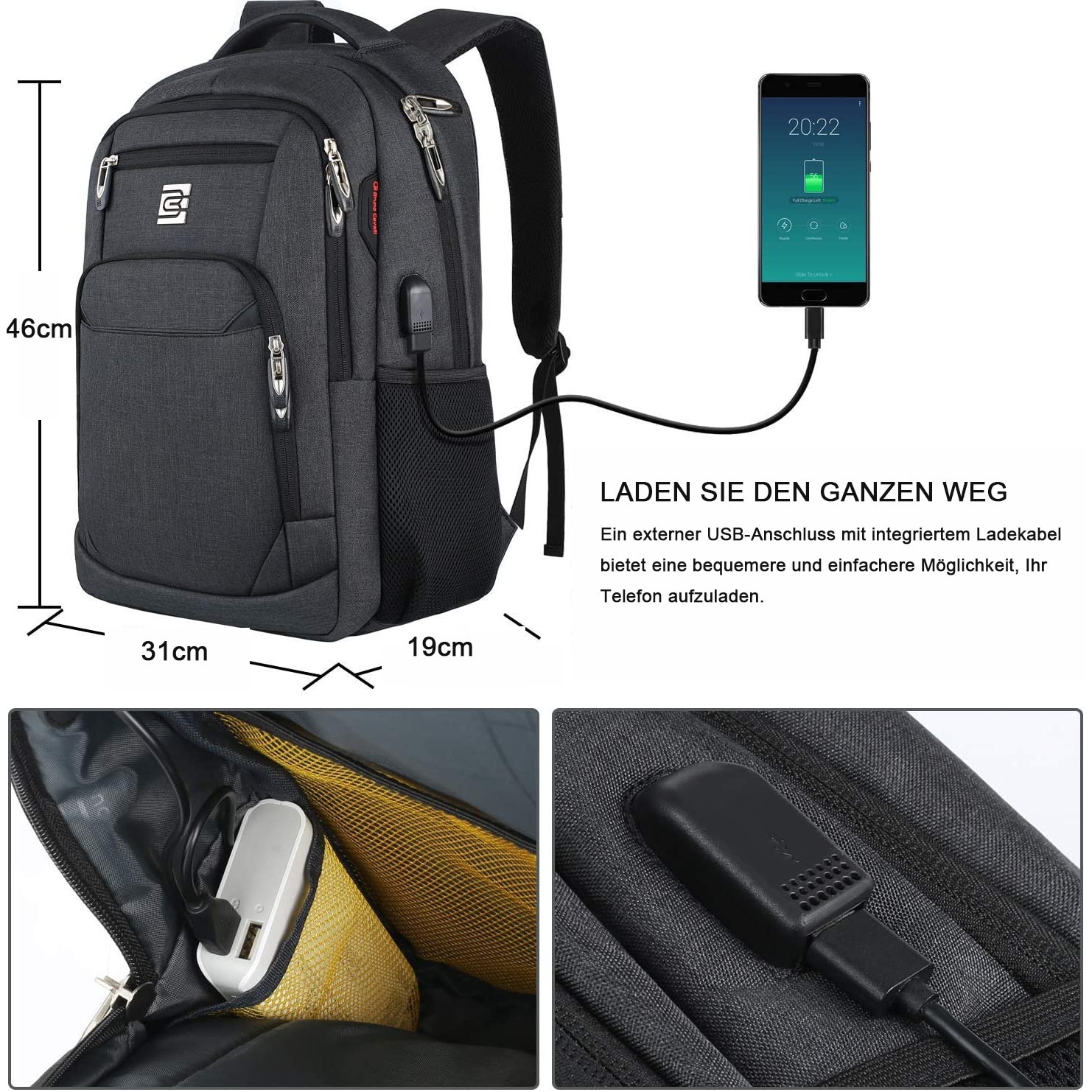 Rucsac pentru laptop, Poliester, Multifunctional, Compartiment, 18 inch, Negru, 46x31x19cm