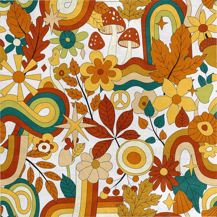 Bársonyos anyag varráshoz, virág, levél, gomba mintával, többszínű, 145x280cm