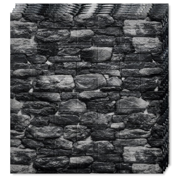 Set 30x Tapet Caramida 3D Teno®, Model Piatra Rotunda, suprafata acoperire 15.9 mp, autoadeziv, waterproof, usor de montat, design modern, 70x77 cm, negru