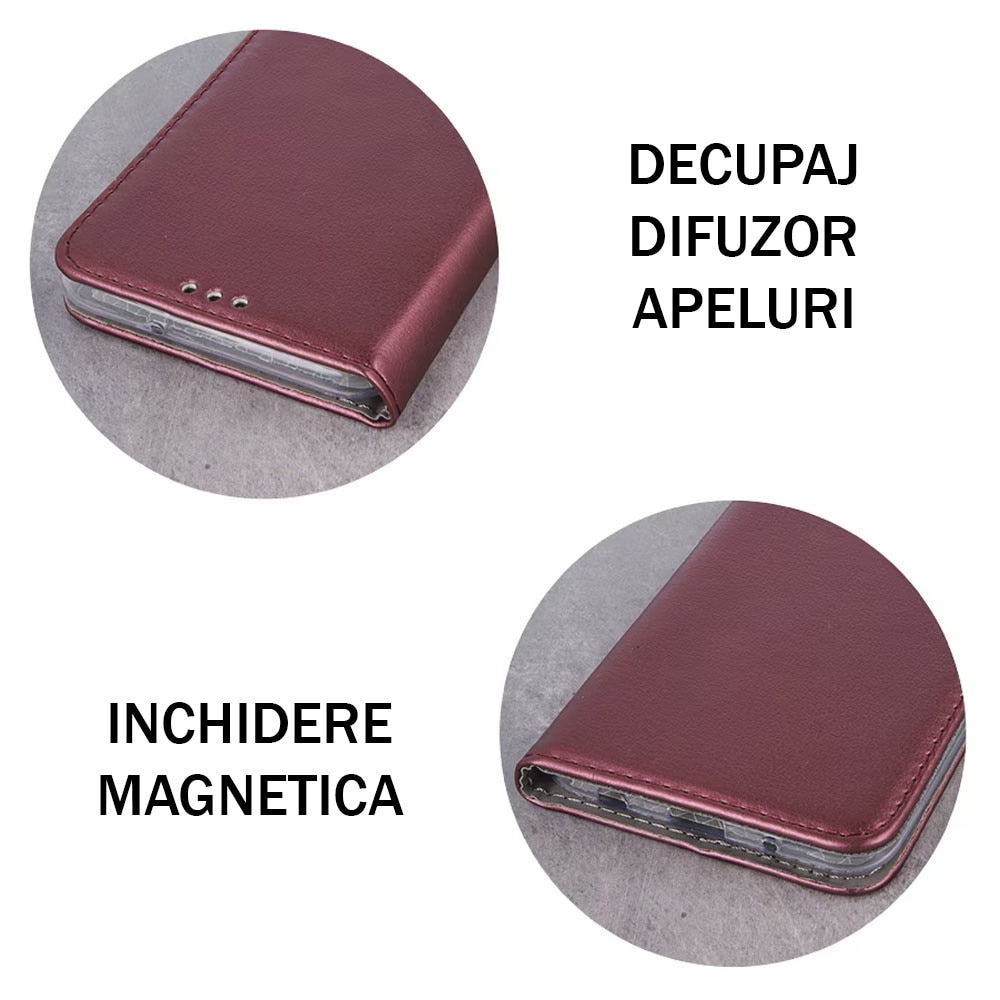 Husa telefon, compatibila Huawei P30 Lite, PU Leather Smart Book, Piele ecologica, Inchidere magnetica, Buzunar card, Functie stand, Acoperire completa, Decupaj difuzor apeluri, Protectie 360 de grade, Tip carte, Burgundy