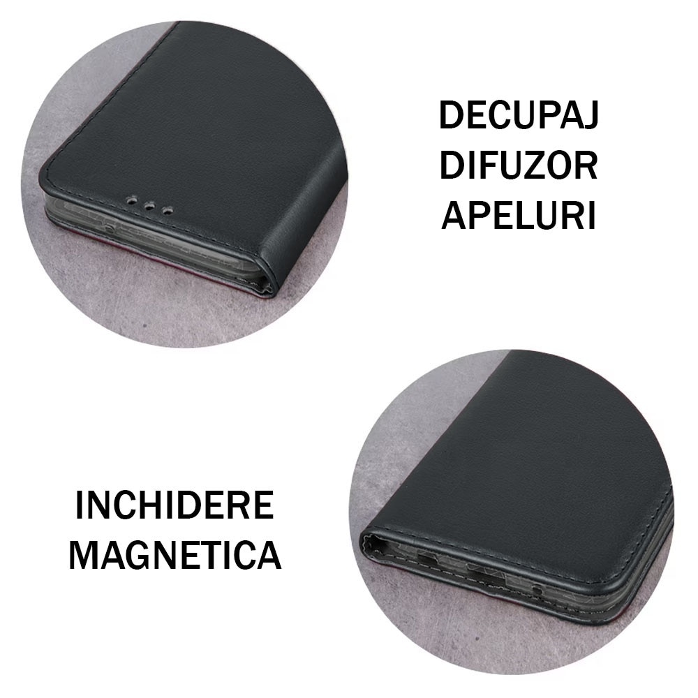 Husa telefon, compatibila Honor Magic 6 Lite, PU Leather Smart Book, Piele ecologica, Inchidere magnetica, Buzunar card, Functie stand, Acoperire completa, Decupaj difuzor apeluri, Protectie 360 de grade, Tip carte, Negru
