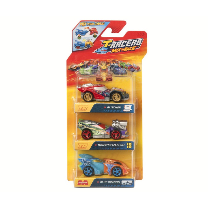 Set 3 masinute Magic Box T-Racers 2.0 Mix 'N Race, plastic, 7.5cm, multicolor
