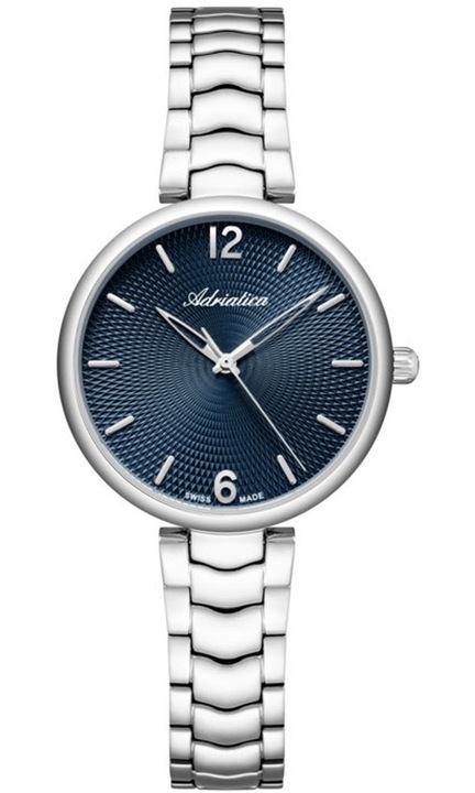 Дамски часовник Adriatica Fashion A3790.5155Q, кварцов механизъм Ronda 763, син циферблат, гривна от неръждаема стомана, сребро
