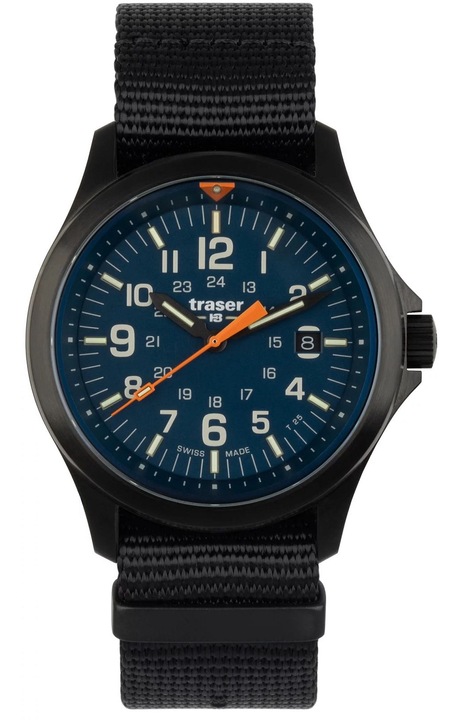 Ceas barbatesc Traser P67 Officer Pro Blue, rezistent la apa 100m, curea NATO neagra, 45mm