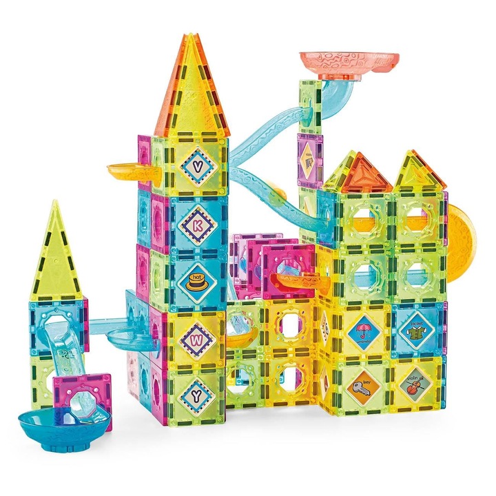 Set inteligent de constructie cu placi magnetice, 139 piese, Multicolor, 3 ani +