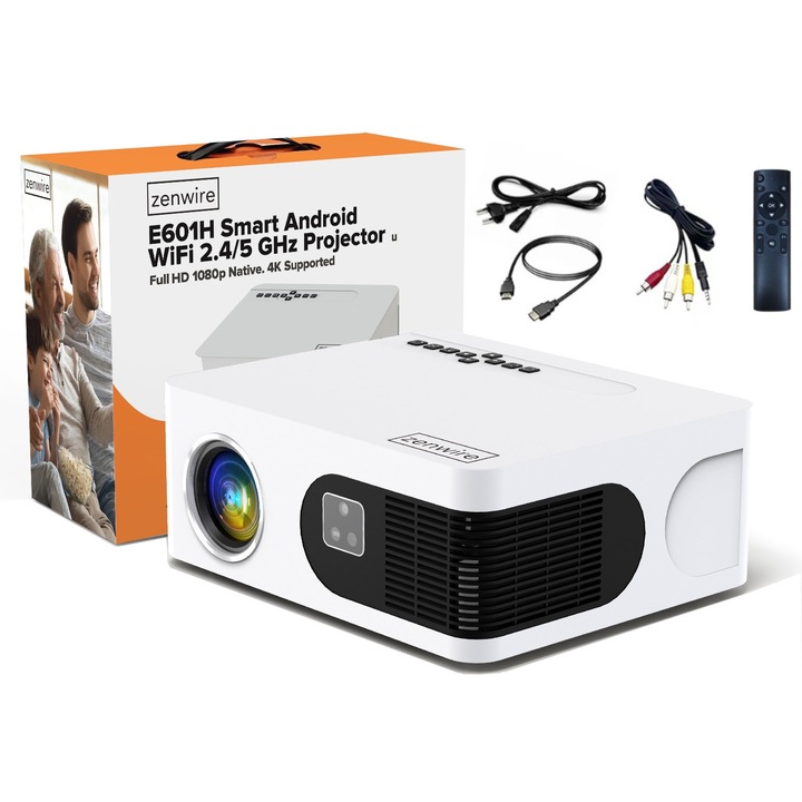 Видео проектор Zenwire E601H, Android Full HD 1920x1080p 4K, 18000 Lumen, 600 Ansi, WiFi 2.4/5GHz, Miracast, Airplay, Autokeystone 4D, Autofocus, Bluetooth, Преносим