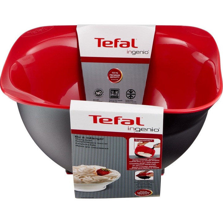 Bol pentru mixare, Tefal Ingenio, cu baza antiaderenta, Rezistent la caldura, vas adanc, Ø25 cm x h14 cm, rosu-negru, 3 L
