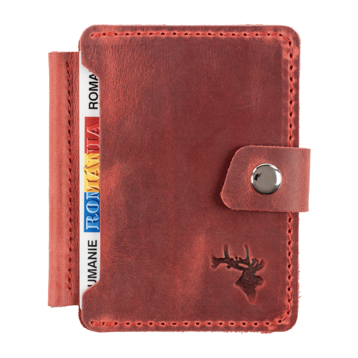 Portofel minimalist din piele naturala pentru CI cu clips elanPlus, ELAN, rosu