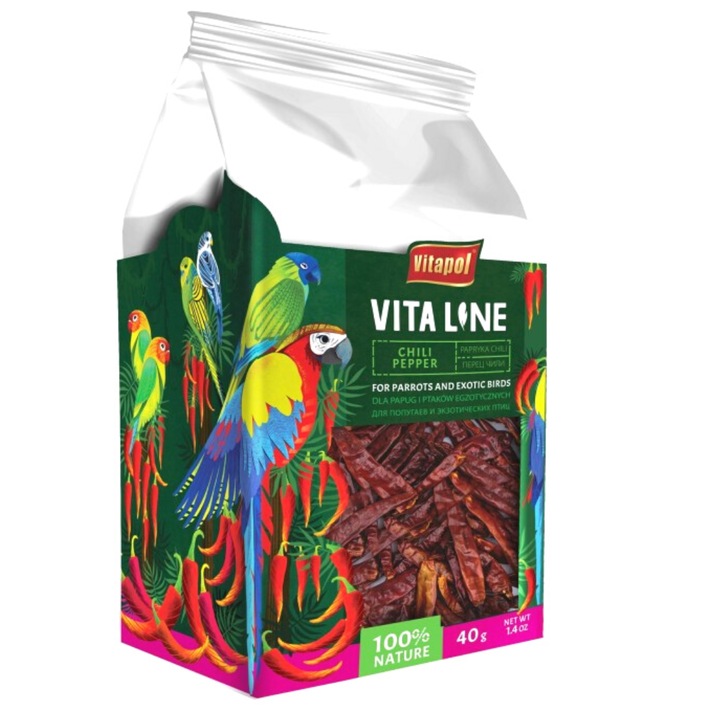 Ardei iute pentru toti papagalii Vitapol 40g, bogata in vitamina A, 13,3% proteina, 7,2% grasime