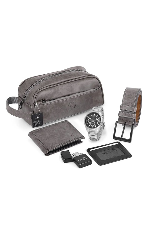 Set pentru barbati, POLO Air, Geanta, Portofel, suport card, Curea, Ceas, Bricheta, Gri