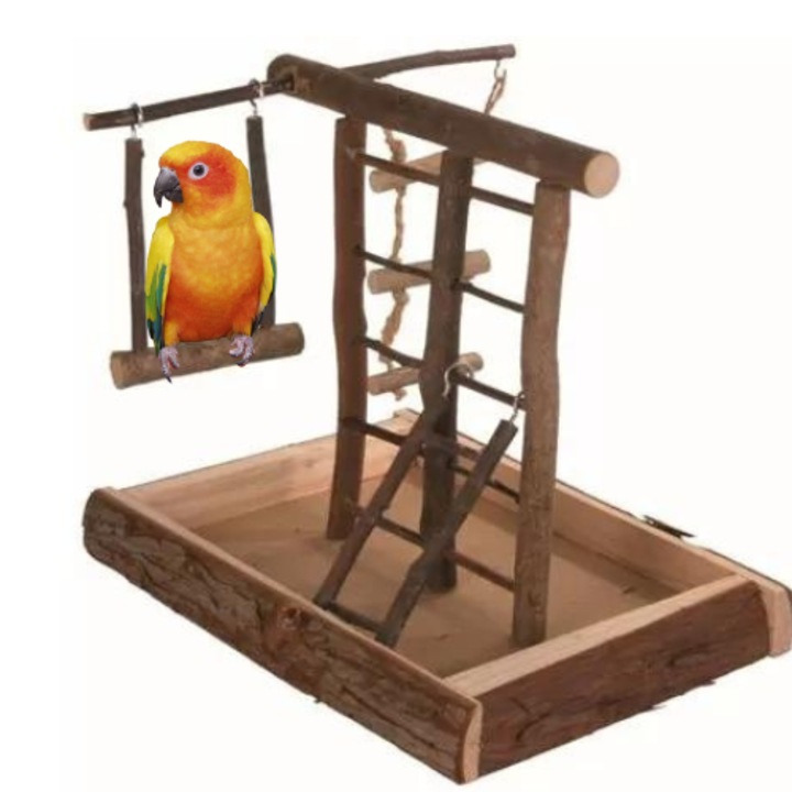 Loc de joaca pentru papagali mici, Greenwood, lemn, maro, 28x25x22cm, finisat cu grija, materiale naturale, multa distractie, activitate fizica, accesorii