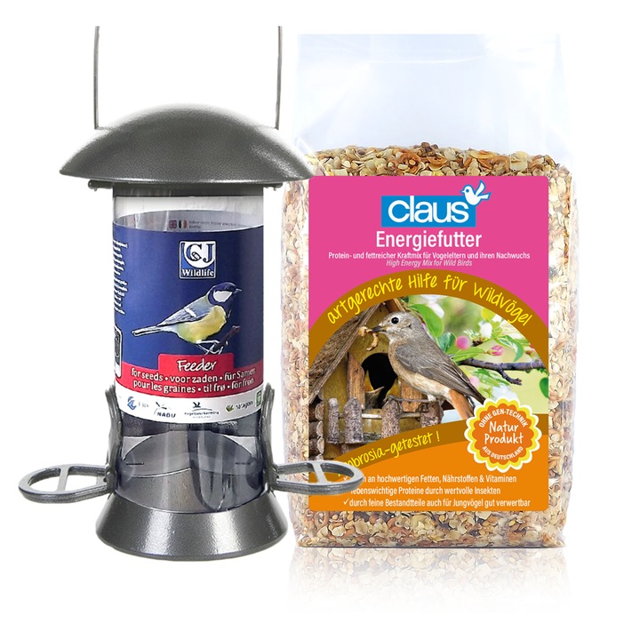 Set adapator si hranitoare pentru pasari salbatice, metal, negru, capacitate mare, amestec energetic, bogat in proteine ​​si grasimi, calitate superioara, proteine
