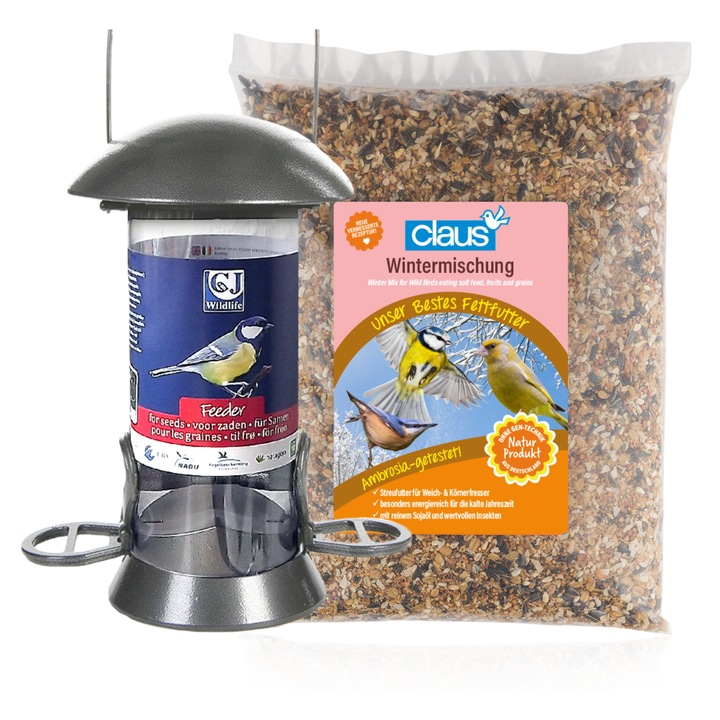 Set Hrana pentru Pasari, CLAUS, Amestec de Iarna, 1kg, Hranitor Metalic XL