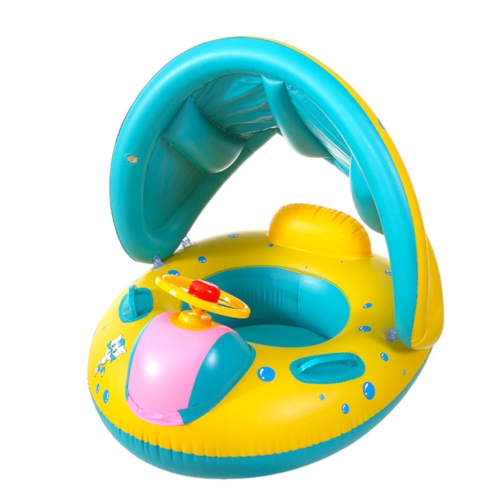 Надуваема количка за бебета, мека и удобна, разглобяема конструкция със слънцезащита, лесна за пренасяне, волан и клаксон, две опорни дръжки, 74x65x60 см