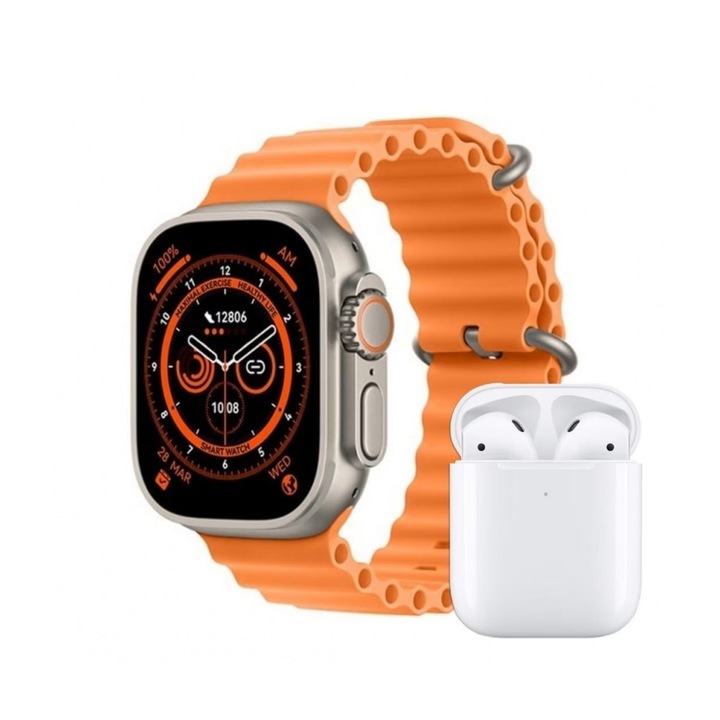 Смарт часовник S20 ProMax, Водоустойчив, Bluetooth повиквания, Кръвно налягане, Оранжев комплект