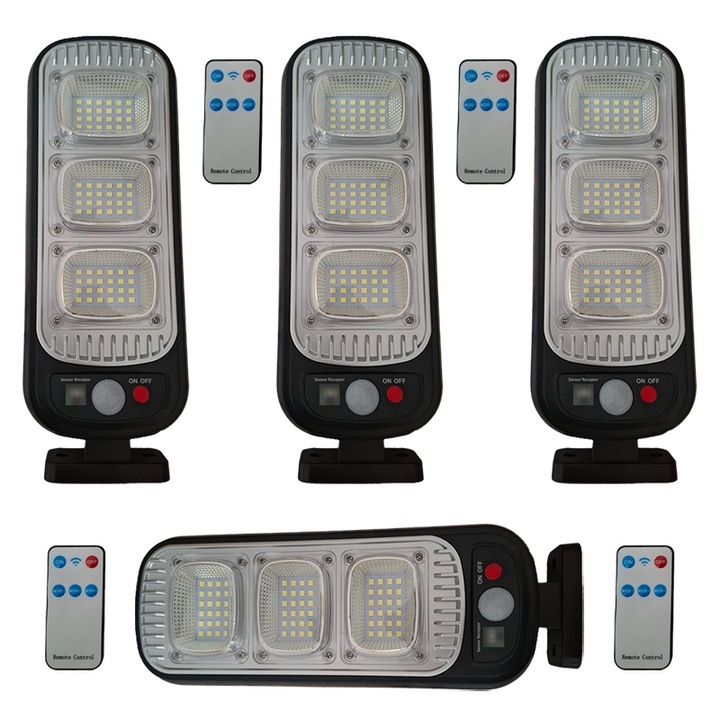 Комплект от 4 лампи със соларен заряд 72 LED SMD, NEXTLY, сензор за движение и светлина, 3 режима на работа, включено дистанционно управление, водоустойчивост, за на открито, черни