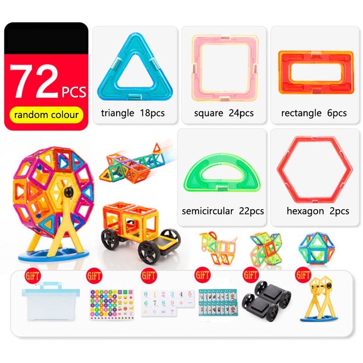 Set de Constructie Magnetic, 72 Piese, Educativ, Multicolor, cu Accesorii si Cutie de Depozitare