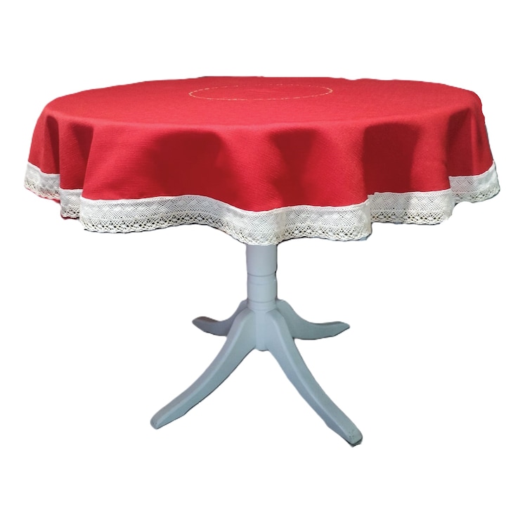 Kerek terítő, hímzett részletekkel, D 130 cm, Casa Bucuriei, Ünnepi modell, piros/bézs/arany