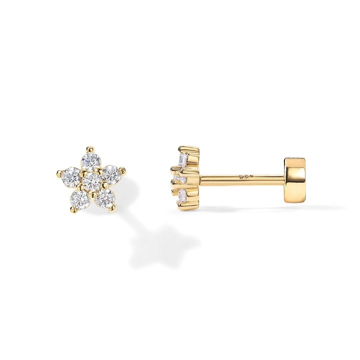 Cercei stud floare, placati cu aur 14K, argint 925, zirconiu, hipoalergenici, auriu, 4.5x4.5cm