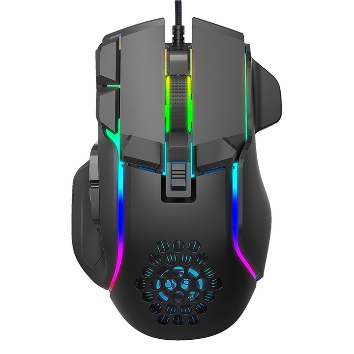 Mouse de gaming cu fir, cu 13 moduri de iluminare RGB, 10 butoane programabile, design ergonomic, LEIISVK, negru