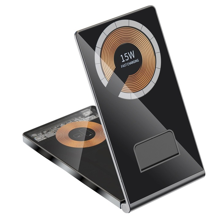 Incarcator Wireless, Pliabil, Aliaj de aluminiu, Sticla calita, pentru Iphone, Samsung, Huawei, Android, Apple Watch, Airpods, TWS, usor de purtat, LEIISVK, negru