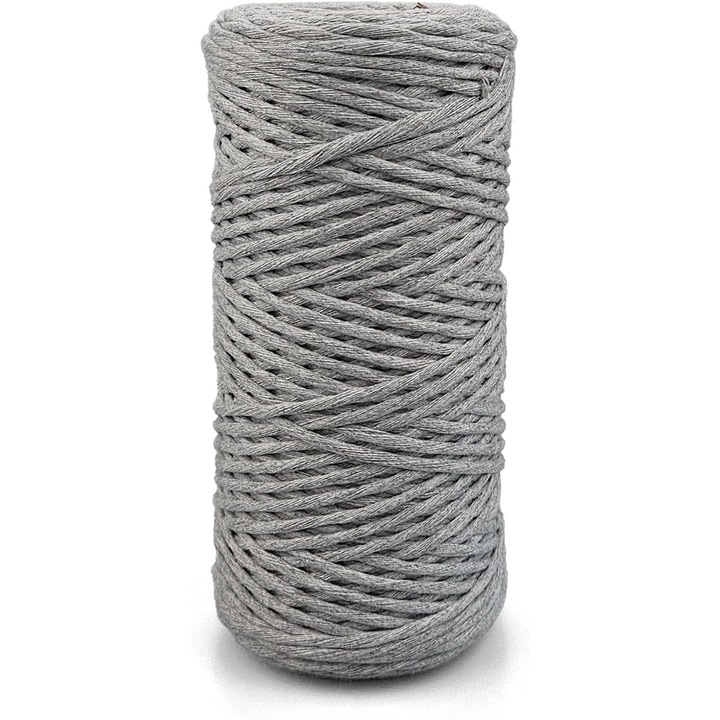 Snur pentru macrame, Netuno, WeBa, Bumbac 100%, Torsadat simplu, 3mm x 100m, Gri deschis