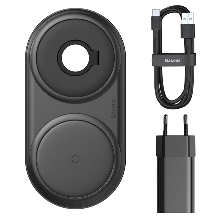 Incarcator BASEUS 220V Wireless 10W + Adapter 24W, Planet 2 in 1 Phone+AirPods, negru