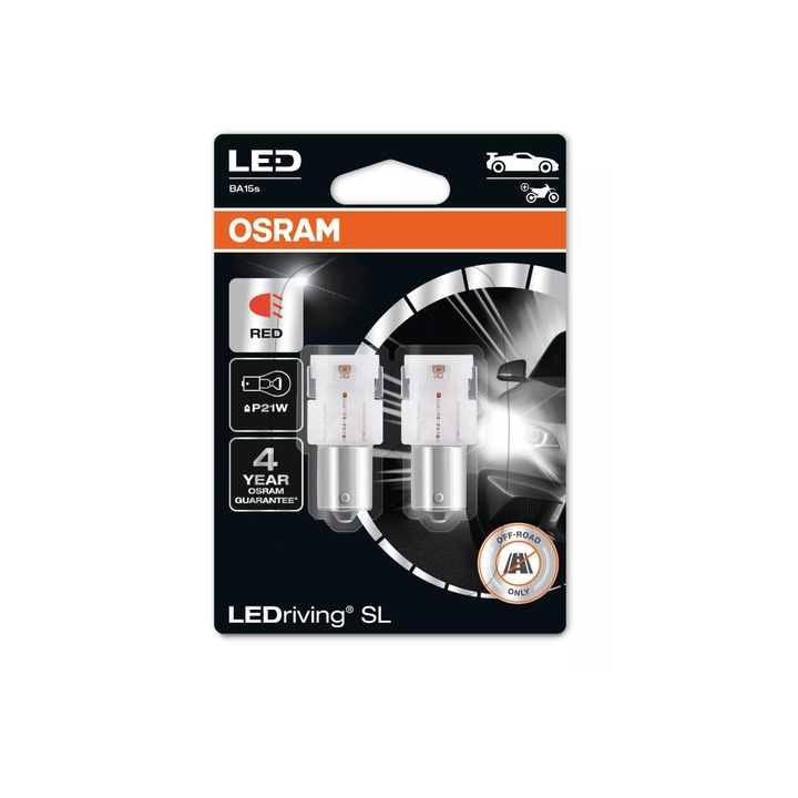 Bec Osram LEDriving SL P21W Rosu, 12V - 1.8W - BA15s - Set 2 buc (Off-Road)