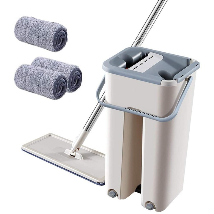 Set de mop BIMROM cu 2 lavete din microfibra incluse si galeata cu doua cuve, pentru spalare si uscare