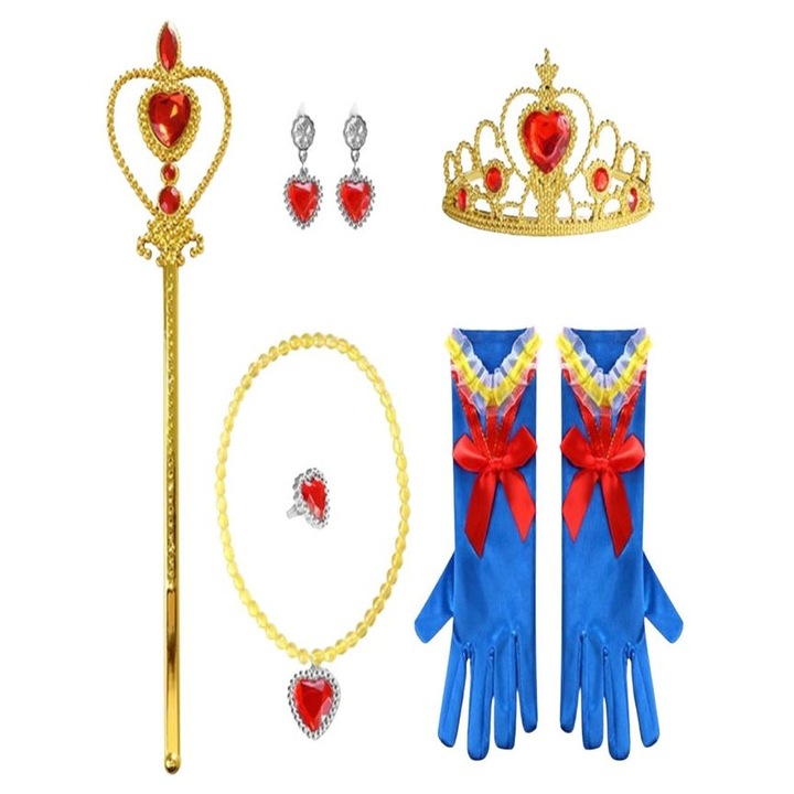 6 ékszerből álló készlet, varázspálca, kesztyű, nyaklánc, fülbevaló, gyűrű, THK sellő korona, tündér, királynő - sötétkék/sárga