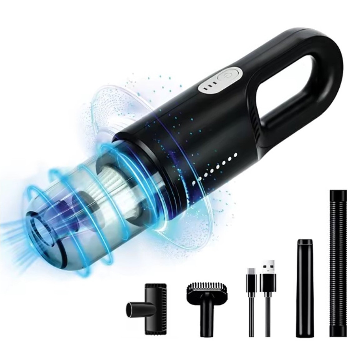 Aspirator de mana SINZO pentru Masina si Uz casnic, Fara fir, Reincarcabil, 11.1V, 0.7l, Putere 8.000 PA, Autonomie 35 minute, 6000 mAh, cu filtru HEPA, Negru Electro Punk