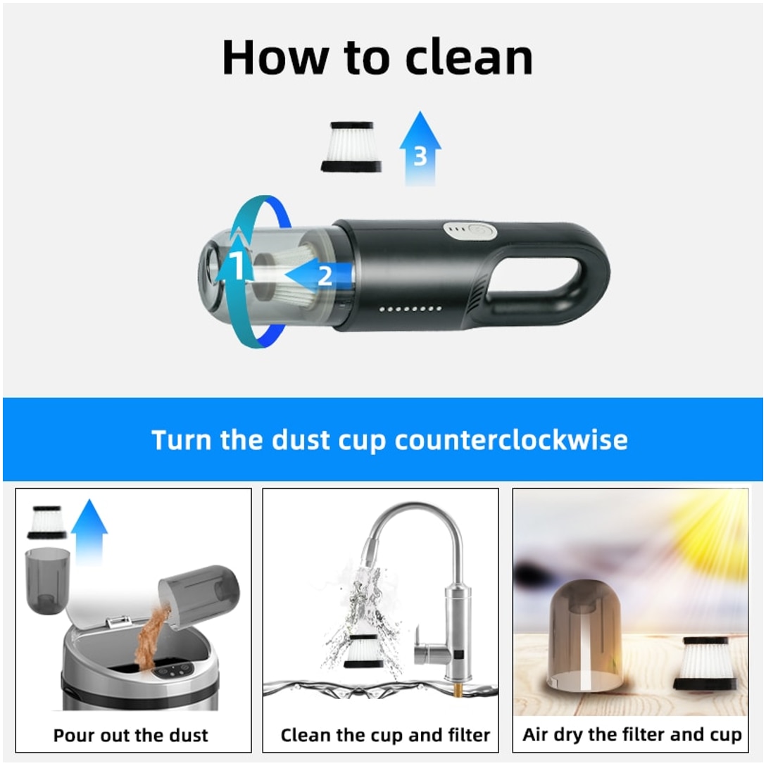 Aspirator de mana SINZO pentru Masina si Uz casnic, Fara fir, Reincarcabil, 11.1V, 0.7l, Putere 8.000 PA, Autonomie 35 minute, 6000 mAh, cu filtru HEPA, Negru Electro Punk