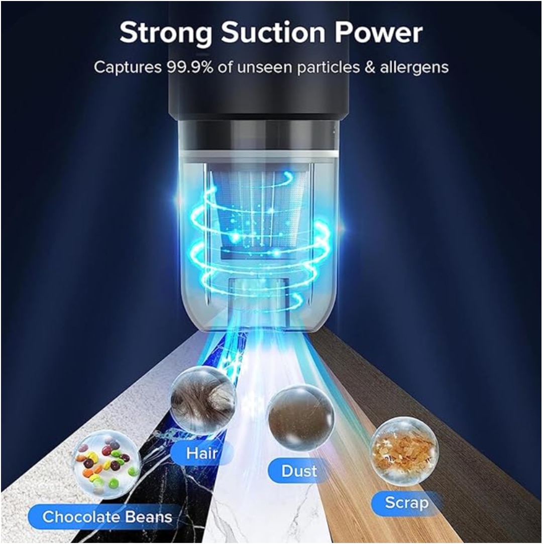 Aspirator de mana SINZO pentru Masina si Uz casnic, Fara fir, Reincarcabil, 11.1V, 0.7l, Putere 8.000 PA, Autonomie 35 minute, 6000 mAh, cu filtru HEPA, Negru Electro Punk