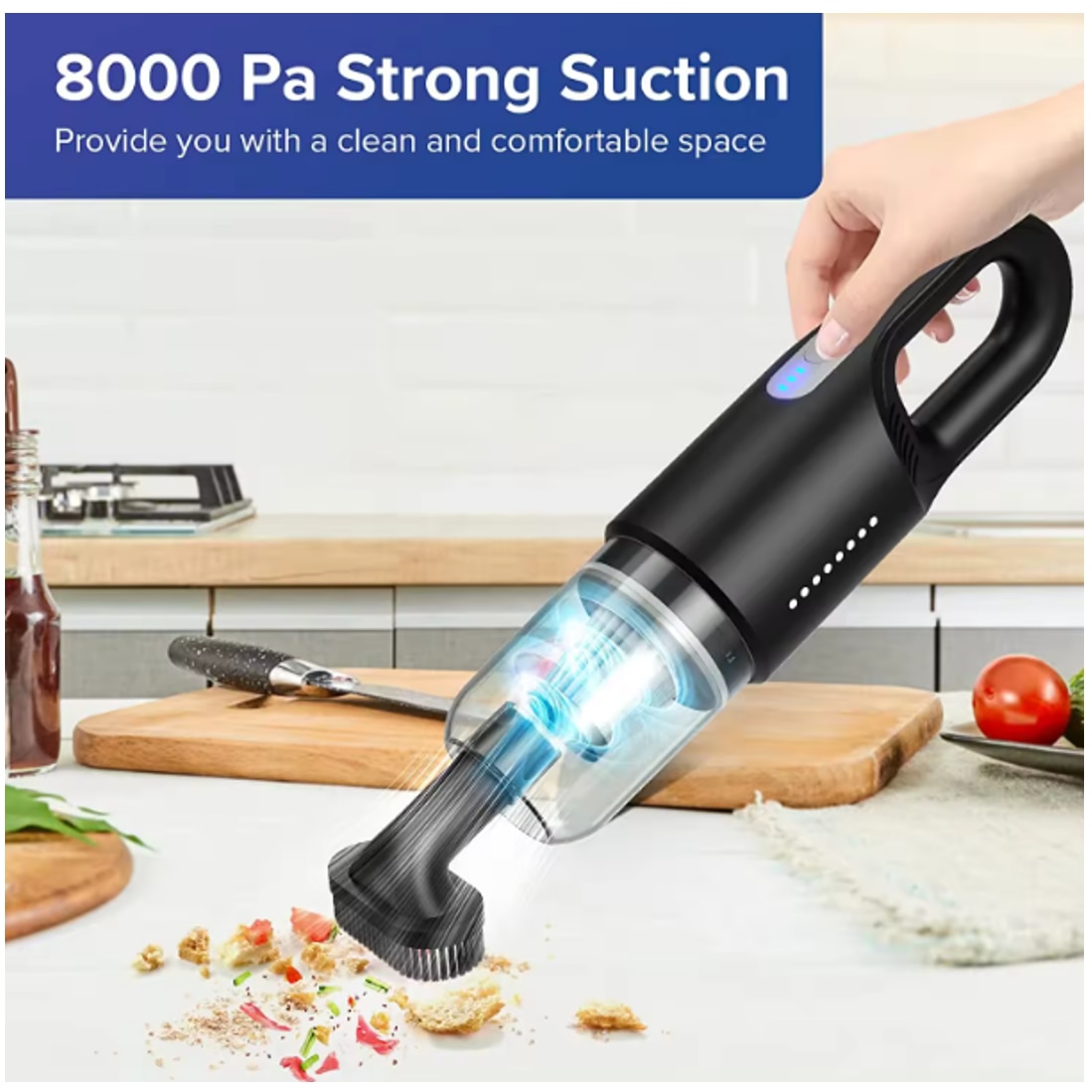 Aspirator de mana SINZO pentru Masina si Uz casnic, Fara fir, Reincarcabil, 11.1V, 0.7l, Putere 8.000 PA, Autonomie 35 minute, 6000 mAh, cu filtru HEPA, Negru Electro Punk