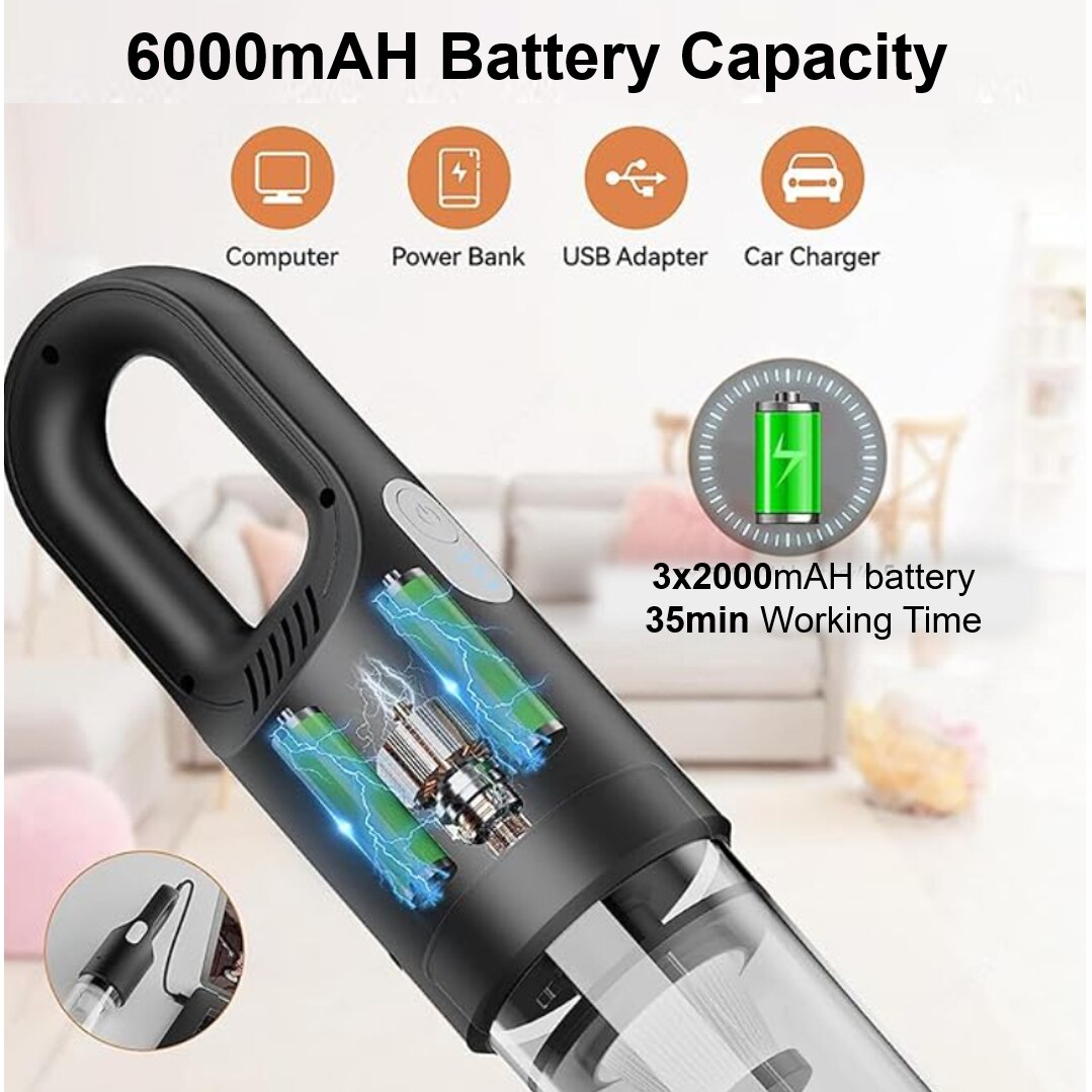 Aspirator de mana SINZO pentru Masina si Uz casnic, Fara fir, Reincarcabil, 11.1V, 0.7l, Putere 8.000 PA, Autonomie 35 minute, 6000 mAh, cu filtru HEPA, Negru Electro Punk