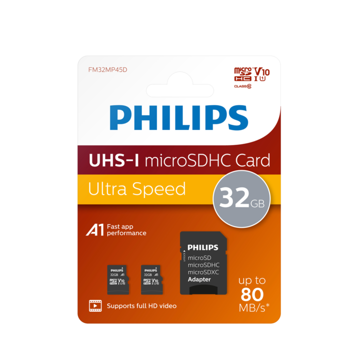 Set 2 carduri de memorie Philips MicroSDHC, 32GB, Clasa 10, UHS-I U1, Adaptor inclus
