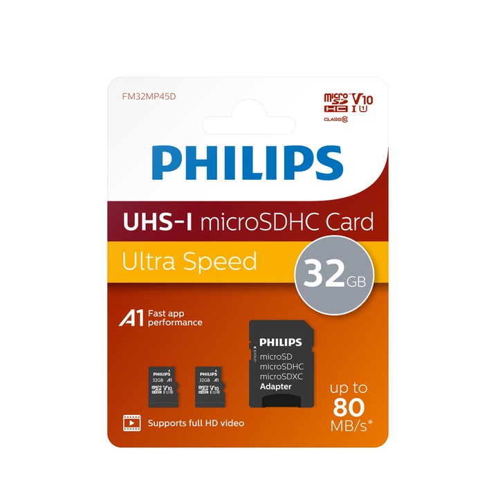 Комплект от 2 карти с памет Philips MicroSDHC, 32GB, Class 10, UHS-I U1, включен адаптер