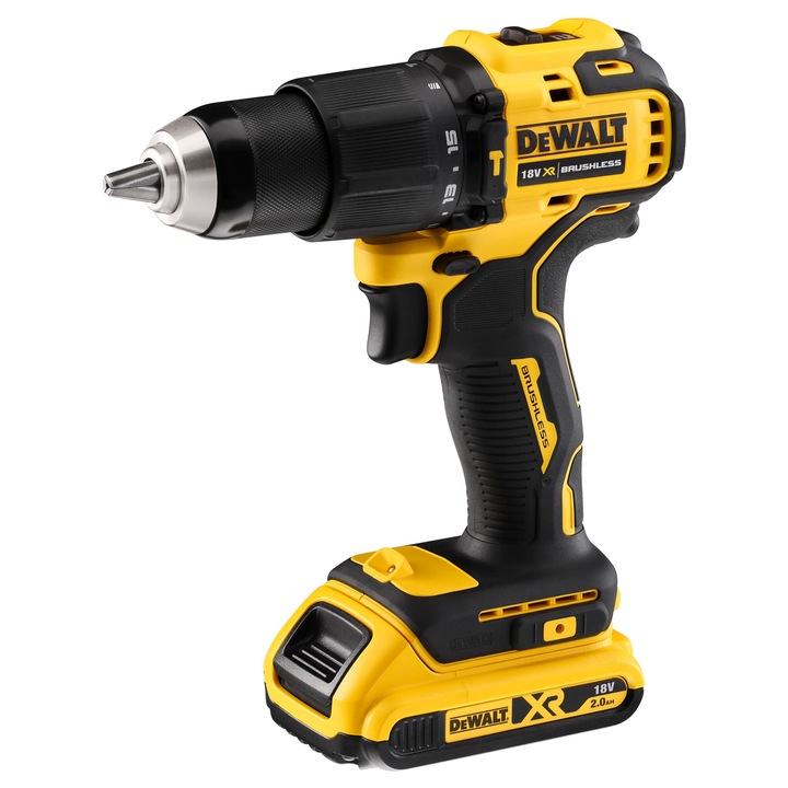 Masina de gaurit si insurubat cu percutie (bormasina) pe acumulator DeWALT DCD709M1-QW, motor fara perii, 18V, 65 Nm, 2 viteze, mandrina metal 13 mm, accumulator 4 Ah, incarcator rapid, clema, valiza