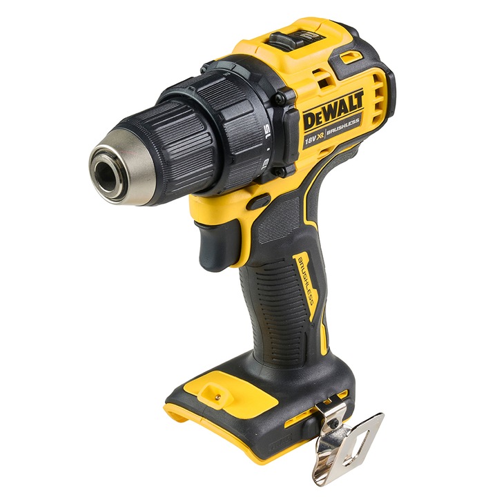 Акумулаторна бормашина DeWALT DCD708N-XJ, 18V XR, Безчетков мотор, 2 скорости, 1650 об/мин, Патронник 13 мм, Капацитет на пробиване в метал 13 мм, Дърво 30 мм, Дължина 160 мм, Тегло 1.1 кг, Без батерия/зарядно устройство