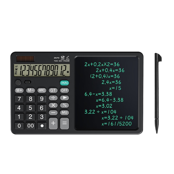 Научен калкулатор JESWO, 7 инча LCD екран, 12 цифри, соларна/батерия, черен, 25.3x15.9x1.6cm