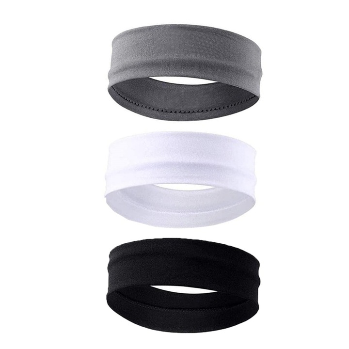 Set 3 Bentite pentru par, JENUOS®, pentru aerobic, fitness, Alb/Negru/Gri