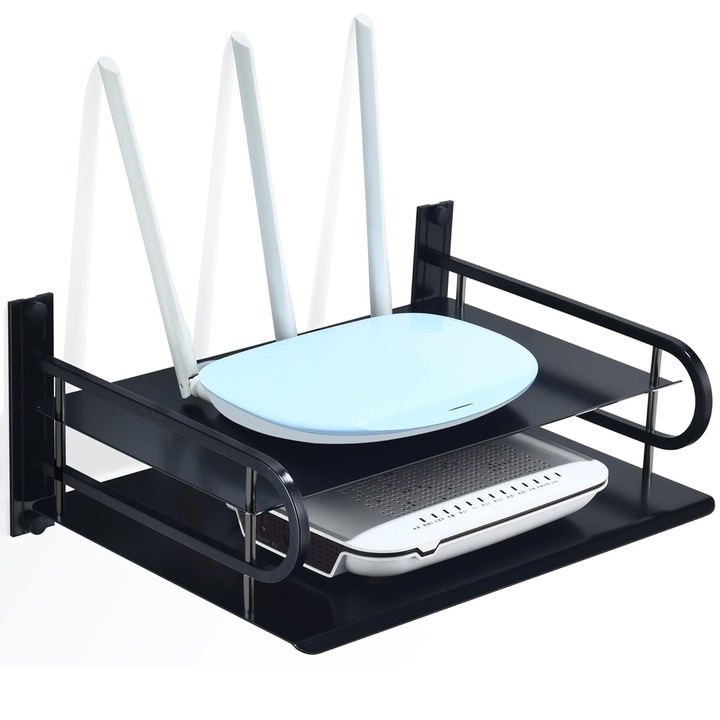 Vezeték nélküli router tartópolc, BYONDSELF®, 2 rétegű, Vezetékek és WIFI berendezések takarásához, Falra szerelhető, Space Alumínium, 28×20,5×9,5 cm, Fekete